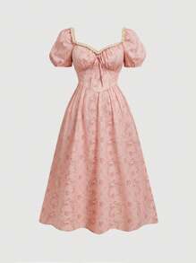 SHEIN MOD Robe d'été romantique pour soirée dansante à bulles avec manches en dentelle florale et en pâtisserie, style vintage de palais, robe paysanne, robe de bal, longue robe pour femmes, robe de réception de mariage - Vieux Rose - Voir 1