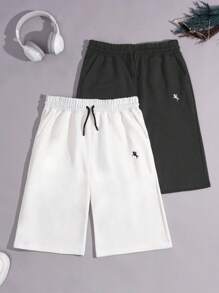 RueChic Simple Embroidery Black And White Drawstring Shorts Two-Piece Set - Multicolor - View 1