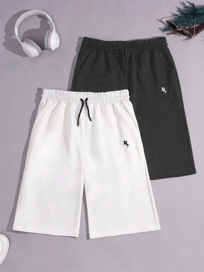 RueChic Simple Embroidery Black And White Drawstring Shorts Two-Piece Set