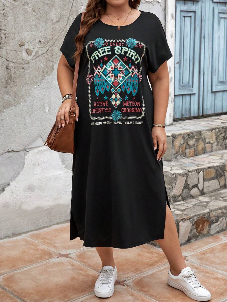 SHEIN LUNE Plus Áo thun dệt kim dáng rộng phong cách Mỹ có in hình - màu đen - Xem 1