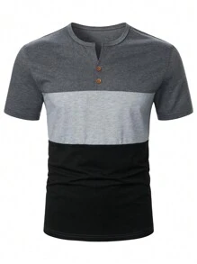 Manfinity Homme 男士撞色短袖T恤，配有凹口領，適用於春夏休閒日常穿著 - 彩色 - 查看 3