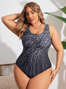 SHEIN Swim Curve 大尺碼夏季沙灘守護神，含胸摺痕斑點印花連體泳衣 - 黑與白 - 查看 5