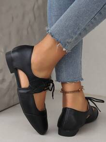 秋冬女士时尚系带方头镂空平底鞋，柔软舒适黑色舞鞋情人节 - 黑色 - 查看 6