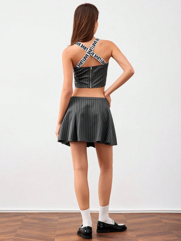 Letter Shoulder Strap Sleeveless Vest Pleated Skirt Without Elasticity Grey Stripe Athletic Style Two-Piece Set
