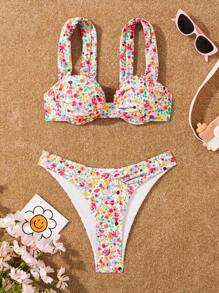 Swim Mod Small Flower Print Bikini Set With Detachable Padded Cups, Underwire And Beach Design For Summer,Summer Beach - Multicolor - View 7