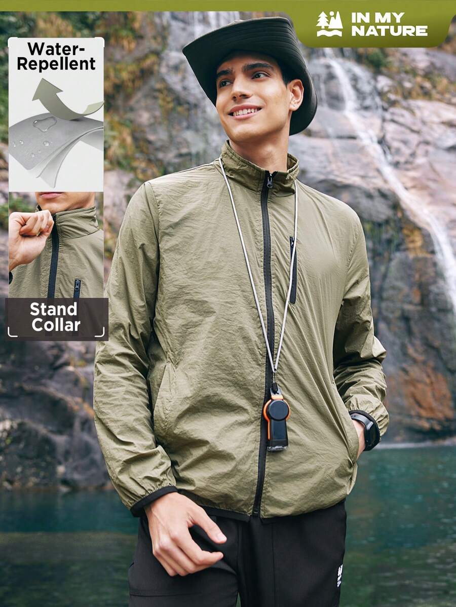 In My Nature Men's Thin Zip Up Stand Collar Outdoor Sports Jacket For Hiking - Army Green - View 1