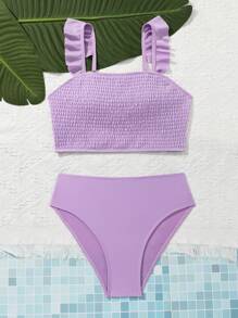 Teen Girls Solid Color Bikini Set Shirred Ruffle Bra And Bikini Bottom Summer Bathing Suit, For Beach, Swimming Pool - Purple - View 4