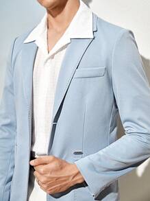 AKNOTIC Business Casual 易护理弹力男士针织纯色商务西装外套，适合秋冬穿着 - 霧霾藍 - 查看 4