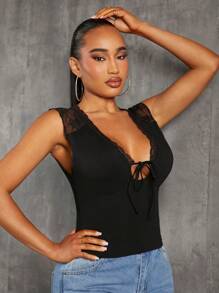 SHEIN SXY Blusas de verano de estilo western para mujeres, blusas negras de tirante para mujer con detalle de encaje - Negro - Ver 3