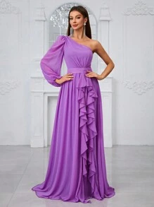YISIKADO Women'S One Shoulder Lantern Sleeve Ruffle Trim Decor Bridesmaid Dress - Purple - View 2