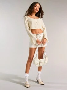 Forever 21 Áo sơ mi dài tay cổ vuông màu trơn dành cho nữ mùa xuân hè thường ngày để mặc hàng ngày - Màu vàng - Xem 5