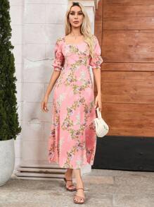 Aveloria Random Printed Square Neck Mid-Sleeve Dress