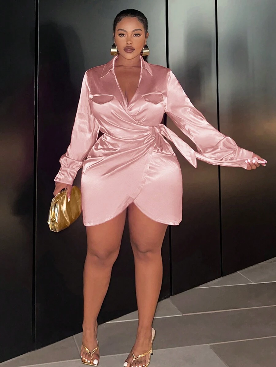 Slaydiva Plus Size Spring/Summer Casual Wrap Belt Waist Dress - Pink - View 1