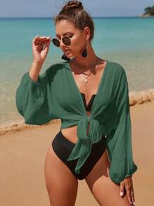 Swim Vcay Summer Beach Holiday Solid Color Batwing Sleeve Short Kimono - Dark Green - View 1