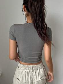 DAZY Ladies" Simple Print Round Neck Short Sleeve T-Shirt Y2k - Grey - View 5