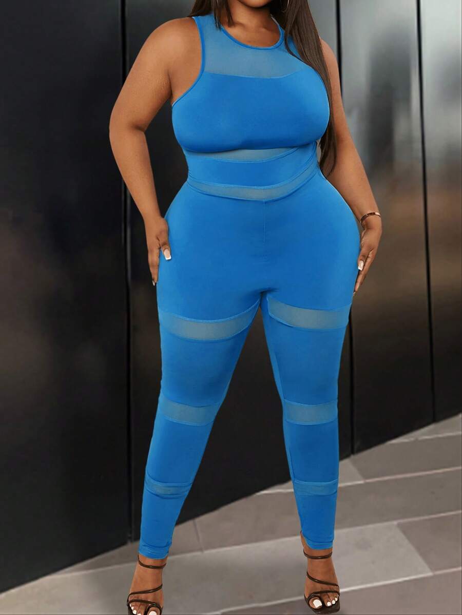 Slaydiva Elegant And Sexy Solid Color Mesh Splicing Women Plus Size Long Jumpsuit - Blue - View 1