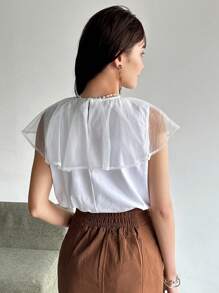 FRIFUL Camiseta de mujer de verano informal con empalme de malla de unicolor y volantes