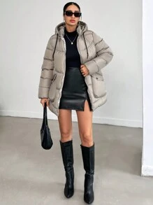 SHEIN Cottnline Hooded Double Flap Pocket Puffer Down Jacket - Light Grey - View 4