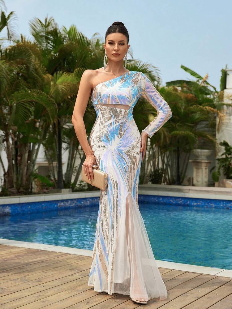 Gorgeous Elegant And Noble Positioning Sequins Blue Fine Glitter Splicing Mesh One-Shoulder Long-Sleeved See-Through Details Lower Hem Splicing Mesh Fishtail-Shaped Heavy Work Banquet Dress Women's Coded Evening Gowns For Glamorous Evening Parties, Cocktail Receptions, Weddings, Back-To-School Seasons, Mother's Day, Music Festivals, Graduation Seasons, Showers Ladies Evening Dress