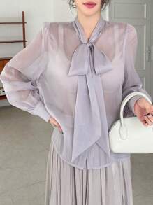 DAZY Solid Color Loose Long Sleeve Lady Shirt With Ribbon Tie Sheer