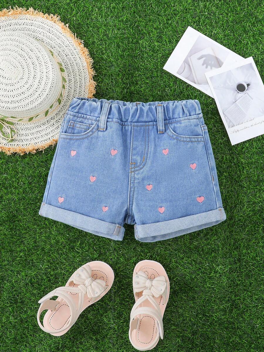 SHEIN Cô Gái Trẻ Thêu trái tim Cuộn lên Hem Quần short Denim - Rửa nhẹ - Xem 1