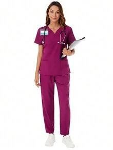 V-Neck Short Sleeve Top And Pocketed Pants Scrub Uniforms Nurse Set - Red Violet - View 8