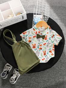 SHEIN Baby Boy Easter Bunny Patterned Collared Shirt And Solid Color Overalls Shorts Set - Mint Green - View 5