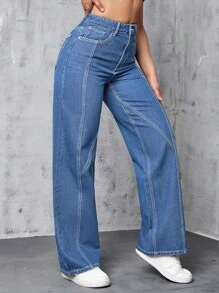 SHEIN EZwear 女性時尚純色寬鬆牛仔長褲 - 中等水洗藍 - 查看 5