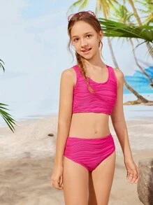 Conjunto de Tankini de Camisola de Textura de Garota Tween para Férias na Praia com Calcinha de Triângulo - Pink - Visão 4
