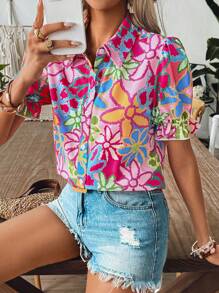 Breezaya Chemise décontractée pour femmes à manches bouffantes et imprimé fleuri coloré pour les vacances de printemps/été