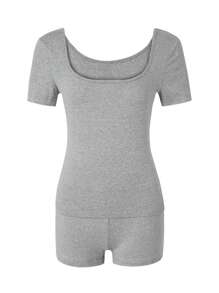 Zolique 女性夏季實色方頸短袖T恤和短褲修身兩件套裝 - 灰色 - 查看 5