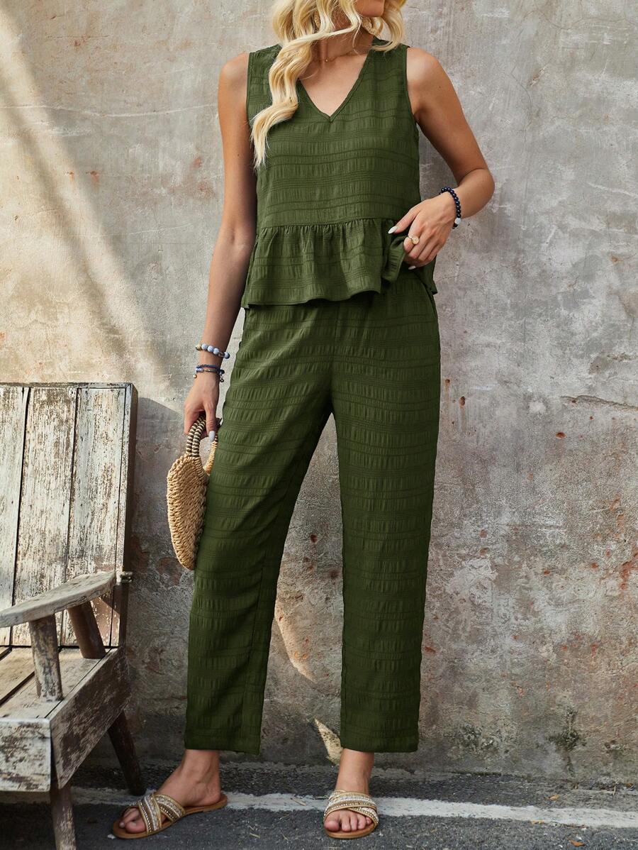 EMERY ROSE Bộ đồ hai mảnh thông thường không tay màu xanh đậm mùa hè dành cho nữ - xanh quân đội - Xem 1