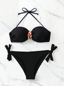 SHEIN Swim PUSH UP Halter Neck Summer Beach Bikini Set With Random Print For Women - Black - View 6