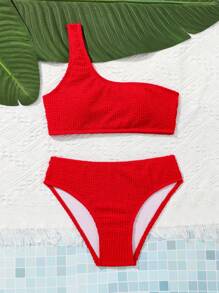 SHEIN 少女實色不對稱領比基尼套裝，帶分開的下褲，適用於夏季 - 紅色 - 查看 5