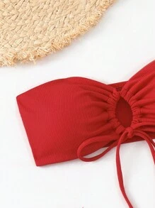 SHEIN Swim 純色露背式和無肩帶比基尼套裝上衣，側邊綁帶泳裝簡約式坦腹短褲，夏季海灘泳裝三件套裝，適用於夏季海灘 - 紅色 - 查看 5