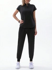 TaskEZ Women's Black Nurse Uniform Jogging Suit, Elastic Top And Pants With Multiple Pockets, Nurse & Beautician Work Outfit, Summer - Black - View 8
