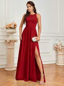 SHEIN Belle Women Fashionable Lace Spliced A-Line Dress With Side Slit, Perfect For Bridesmaid (Adult)