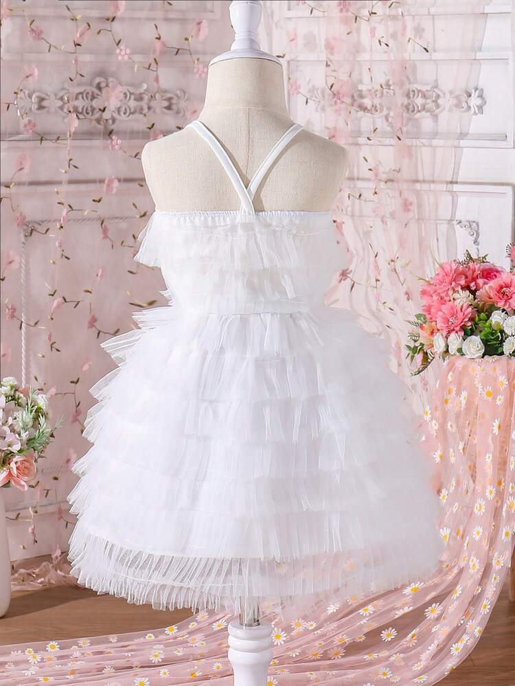 Multilayered Swing Dress With Cross Halter Neck Strap, Suitable For Spring Festival, Cute Wedding, Flower Girl Party, Formal Baptism And Baby Dress