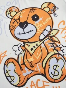 Slaydiva Casual Minimalist Cartoon Orange Bear Graphic Fitted Round Neck Short Sleeve T-Shirt For Plus Size Women, Suitable For Summer