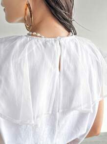FRIFUL Camiseta de mujer de verano informal con empalme de malla de unicolor y volantes