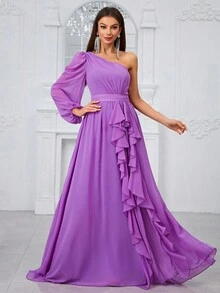 YISIKADO Women'S One Shoulder Lantern Sleeve Ruffle Trim Decor Bridesmaid Dress - Purple - View 7