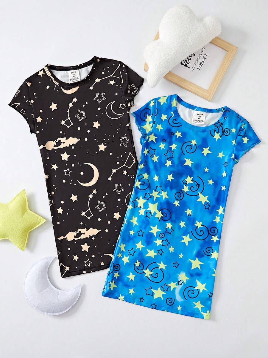 Young Girls' Simple Style Starry Printed Round Neck Short Sleeve 2pcs Home Wear Set - Multicolor - View 1