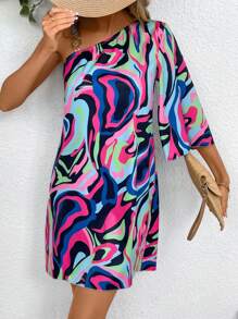 Breezaya Women Dresses Asimetris Rantai All Over Print Pola Bertekstur Casual - Hitam - View 6