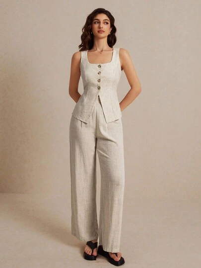 Poéselle Summer Linen Color Linen Suit Vest Two-Piece Set Ladies" Fashionable Solid Button Contrast Color Sleeveless Top And Trousers Set Wear Comfortable Fabric Breathable Soft Suitable For Commuting Daily Holiday Wear