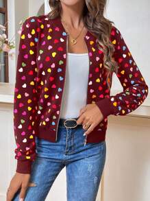 SHEIN LUNE Valentine Day Colorful Heart Print Short Jacket For Women - Red - View 6
