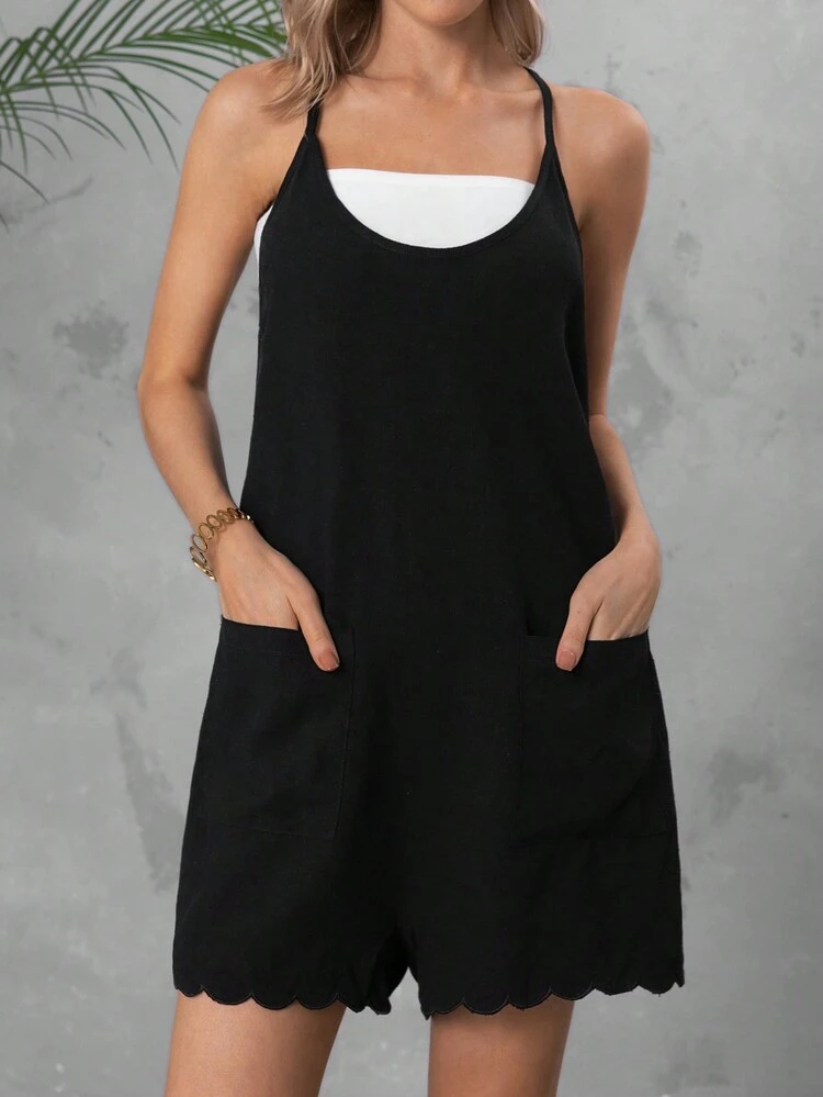 Music Festival Style Black Floral Embroidery Casual Jumpsuit With Double Pocket