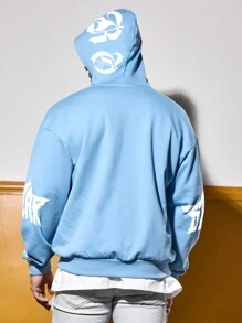 Manfinity Roghcode Men Simple Printed Zipper Hooded Knitted Sweatshirt, Light Blue Going Out Street Wear Letter Long Sleeve Zip-Up Hoodie, For Friends, Husband, Boyfriend Gifts, Light Blue Hoodie, Streetwear, Fall - Baby Blue - View 2