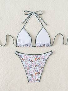 SHEIN Swim Bộ bikini thời trang đơn giản in hình cây xanh đi nghỉ mát cho nữ mùa hè - Nhiều màu - Xem 6