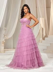 SHEIN Belle Váy suông màu hồng thanh lịch, lãng mạn và ngọt ngào, cổ chữ V sâu, xếp ly vải tuyn xương cá 3D, lưng cao trong suốt, dáng chữ A rộng, viền bất đối xứng nhiều lớp, thích hợp cho lễ tốt nghiệp, đám cưới, tiệc tùng, tiệc tối, tiệc chiêu đãi và các sự kiện trang trọng khác - Bụi hồng - Xem 4