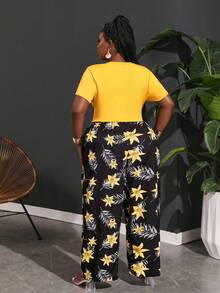 Slaydiva 大尺碼假日休閒修身T恤寬腿褲花卉印花女式短袖長袖兩件套春夏套裝夏E - 黃色 - 查看 3